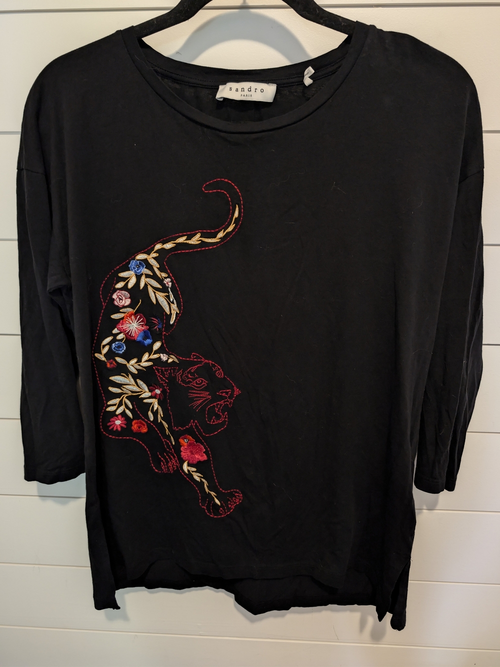 Sandro Paris Black Embroidered Floral Panther Tiger Top Shirt 3/4 SleeveSize 3 L